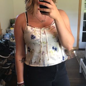 Cropped Silky Tank Top w/ Floral Print